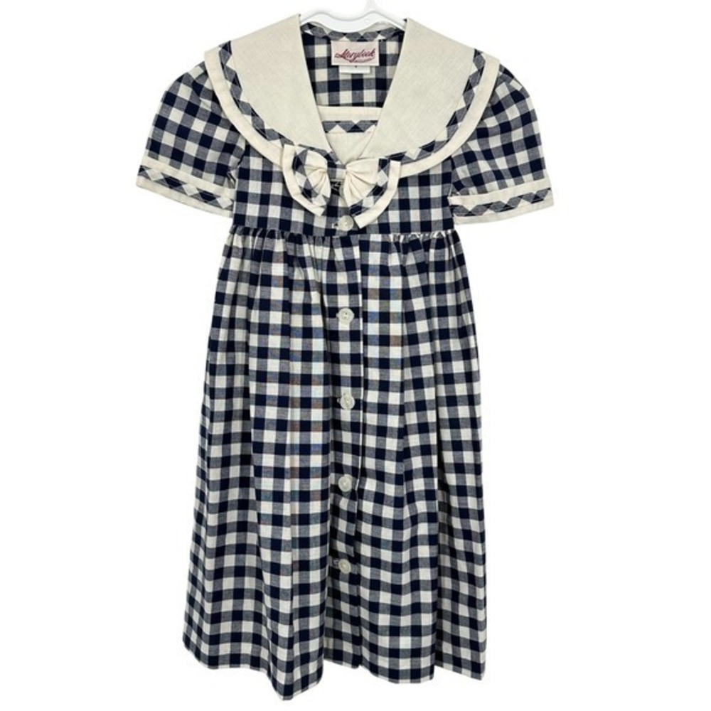 Vintage‎ Storybook Heirlooms Navy Gingham Sailor Collar Dress Size 4 Girls Bow